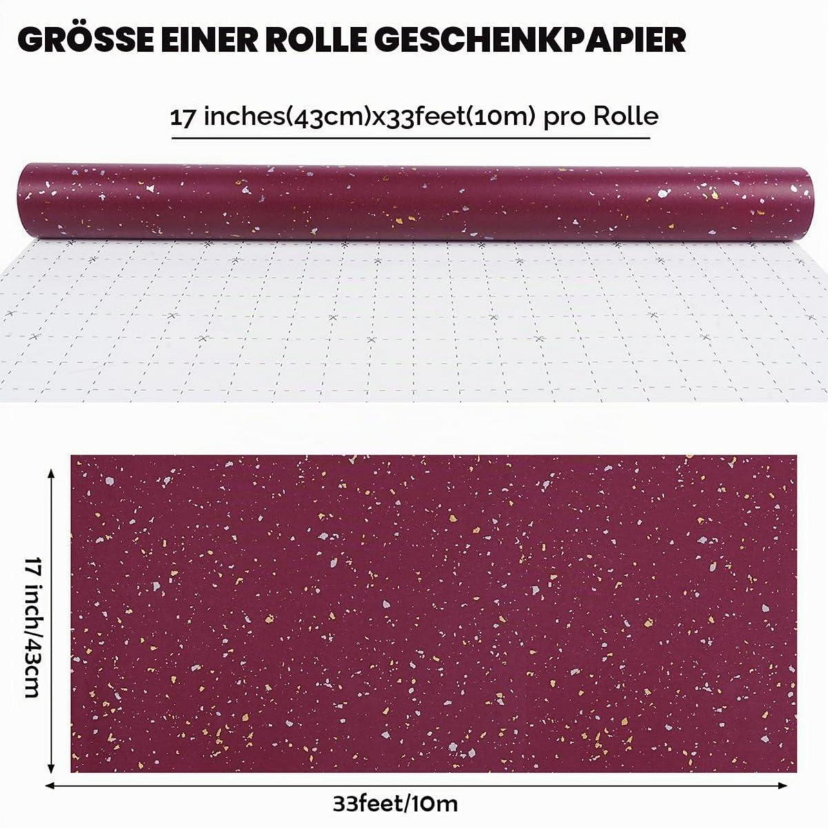 Geschenkpapier Rolle Rot Gold Metallic 43cm x 10m Matt Kraftpapier