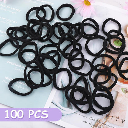 100 Haargummis für Damen schwarz, weiche Nylon Haargummis, elastischer