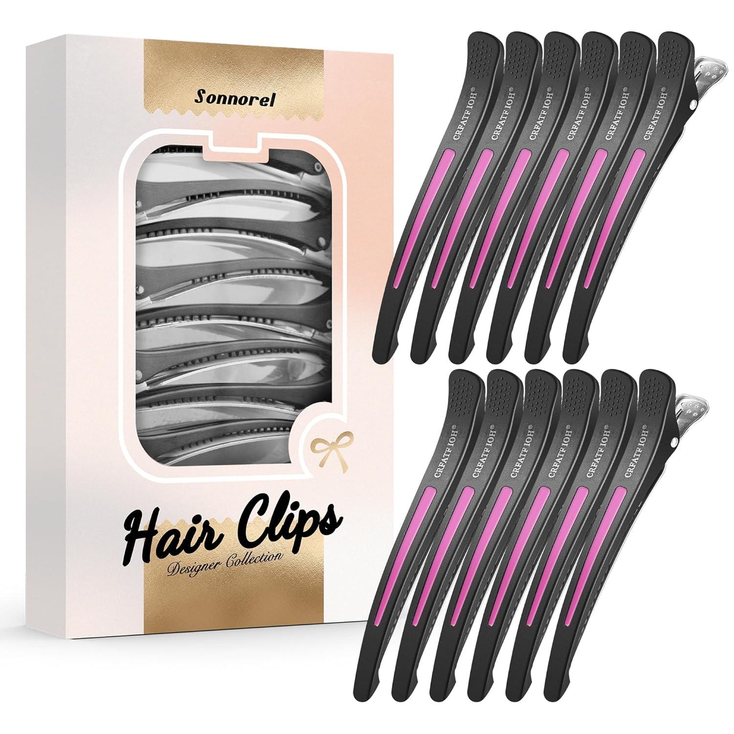 12 Stück Professionelle Haarklammern mit Silikonband Schwarz/Rot/Rose