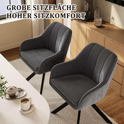 Drehbarer Esszimmerstuhl Set Grau – Samt & Metall, 2er Pack