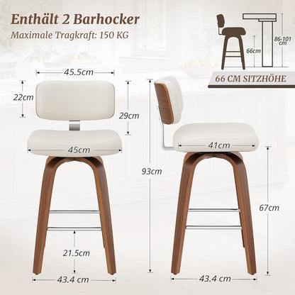 Drehbarer Barhocker 2er Set mit Lehne – Weiß