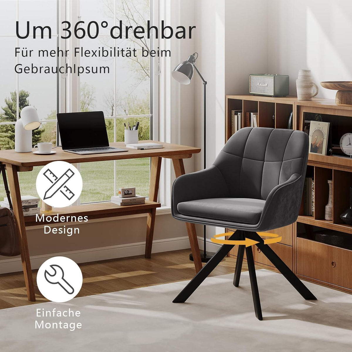 Drehbarer Esszimmerstuhl Set Grau – Samt & Metall, 4er Set