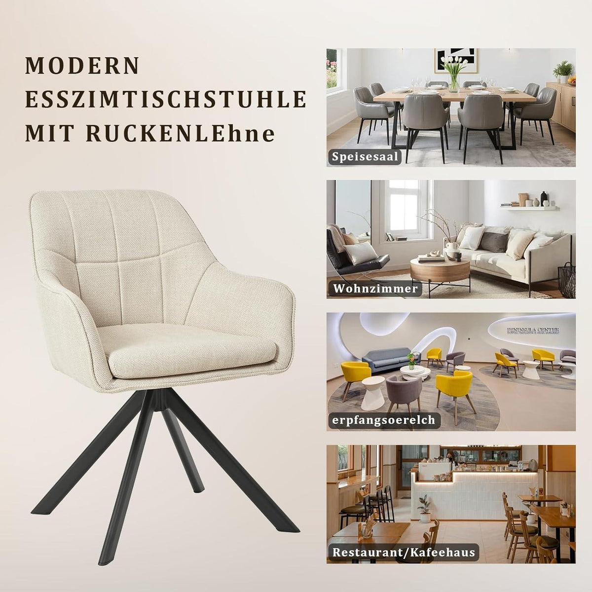 Drehstuhl Esszimmer Beige – 4er Set, Polsterstuhl mit Kratzschutz