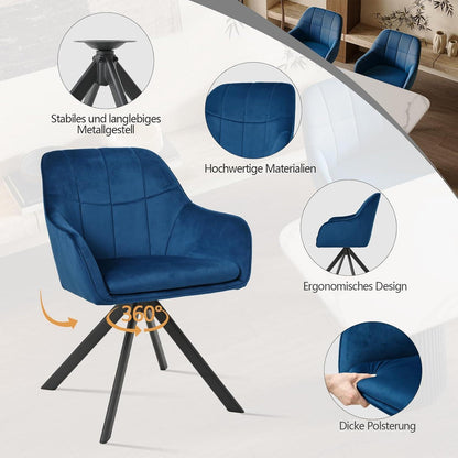 Drehbarer Esszimmerstuhl Set Dunkelblau mit Samt & Metallbeinen