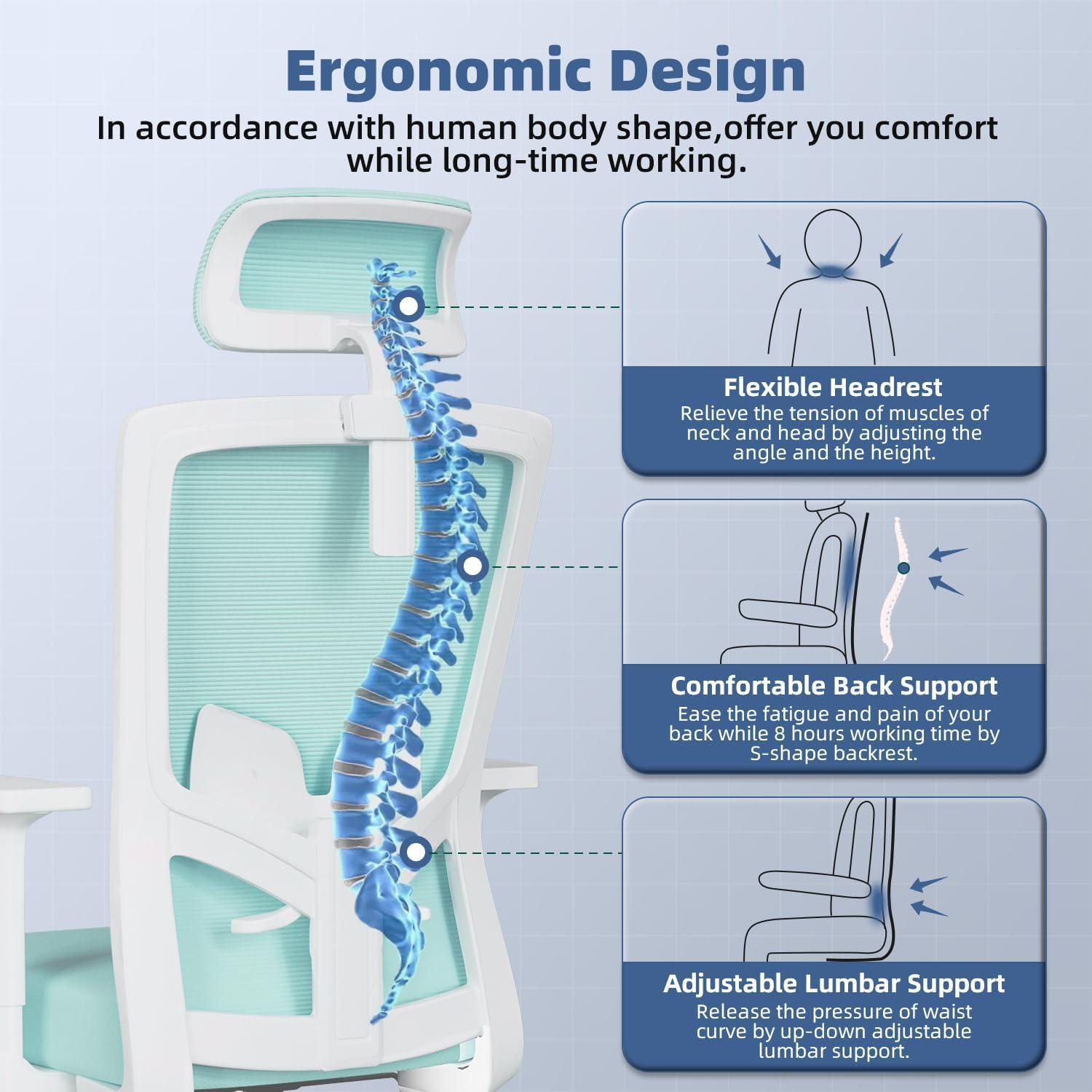 Ergonomischer Bürostuhl mit Verstellbarer Lendenwirbelstütze, Armlehnen und Kopfstütze, Drehstuhl Chefsessel bis 135° Wippfunktion