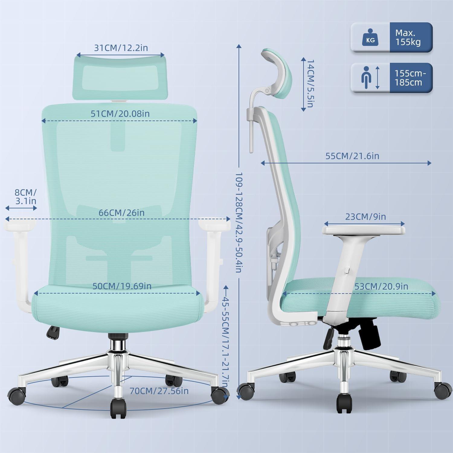 Ergonomischer Bürostuhl mit Lendenstütze, Armlehnen, Kopfstütze, 150 kg