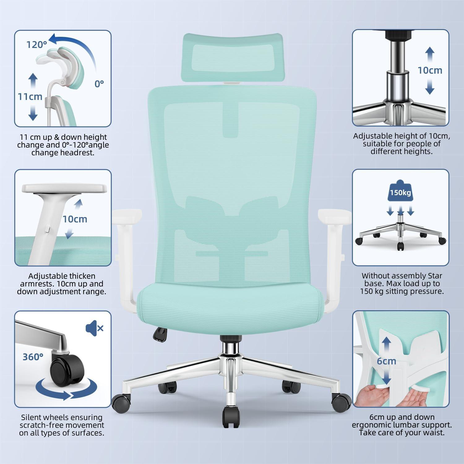 Ergonomischer Bürostuhl mit Verstellbarer Lendenwirbelstütze, Armlehnen und Kopfstütze, Drehstuhl Chefsessel bis 135° Wippfunktion
