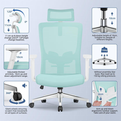 Ergonomischer Bürostuhl mit Verstellbarer Lendenwirbelstütze, Armlehnen und Kopfstütze, Drehstuhl Chefsessel bis 135° Wippfunktion