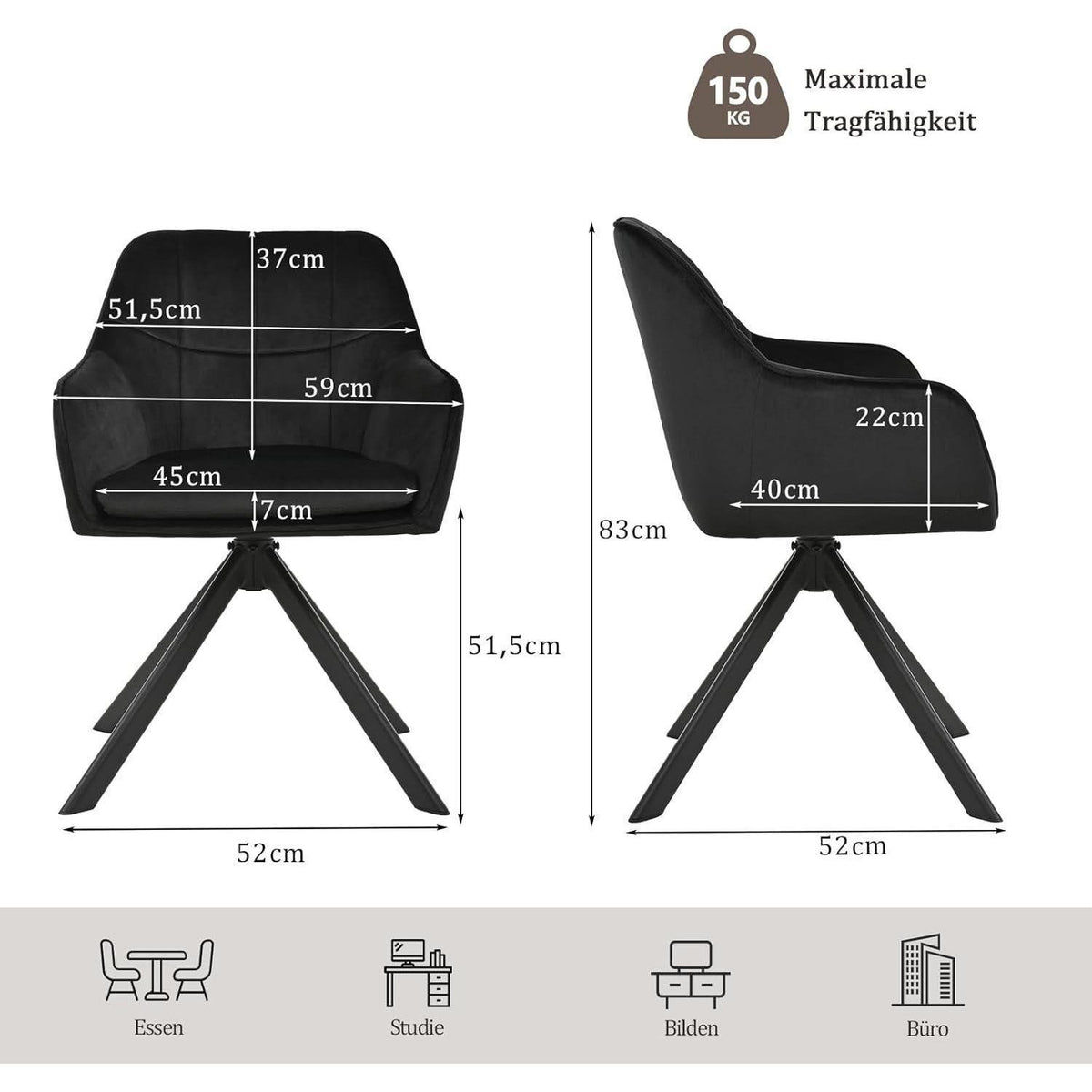Drehbarer Esszimmerstuhl Set Schwarz – Samt & Metall