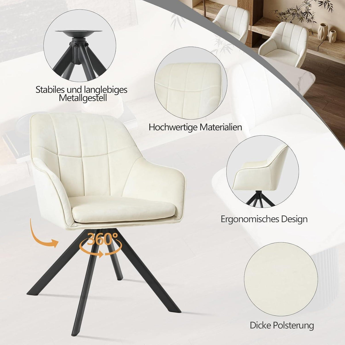 Drehbarer Esszimmerstuhl Set Creme – 4er Polsterstuhl mit Armlehne
