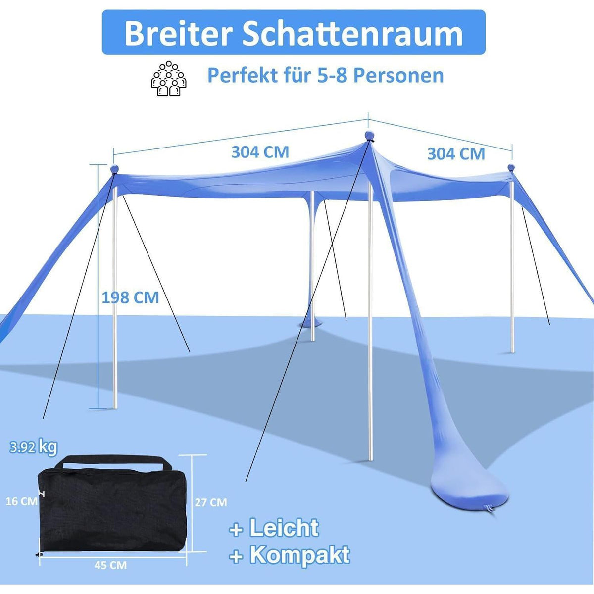 Strandzelt UV Schutz 3x3m Blau für 5-8 Personen