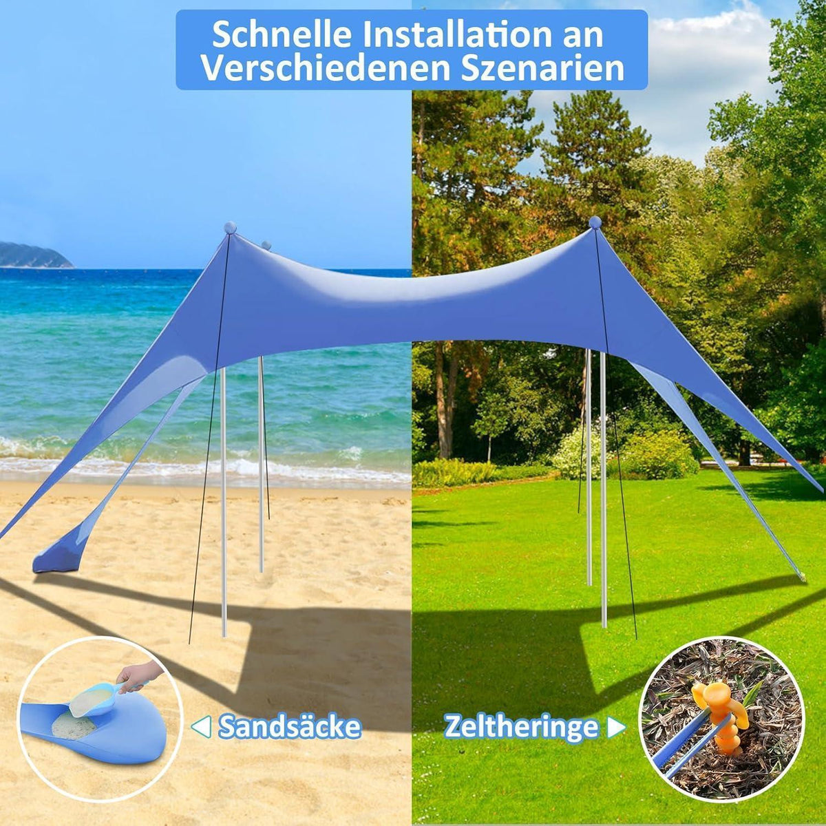 Strandzelt UV Schutz 3x3m Blau für 5-8 Personen