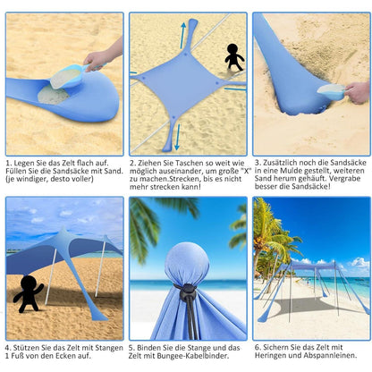 Strandzelt UV Schutz 3x3m Blau für 5-8 Personen