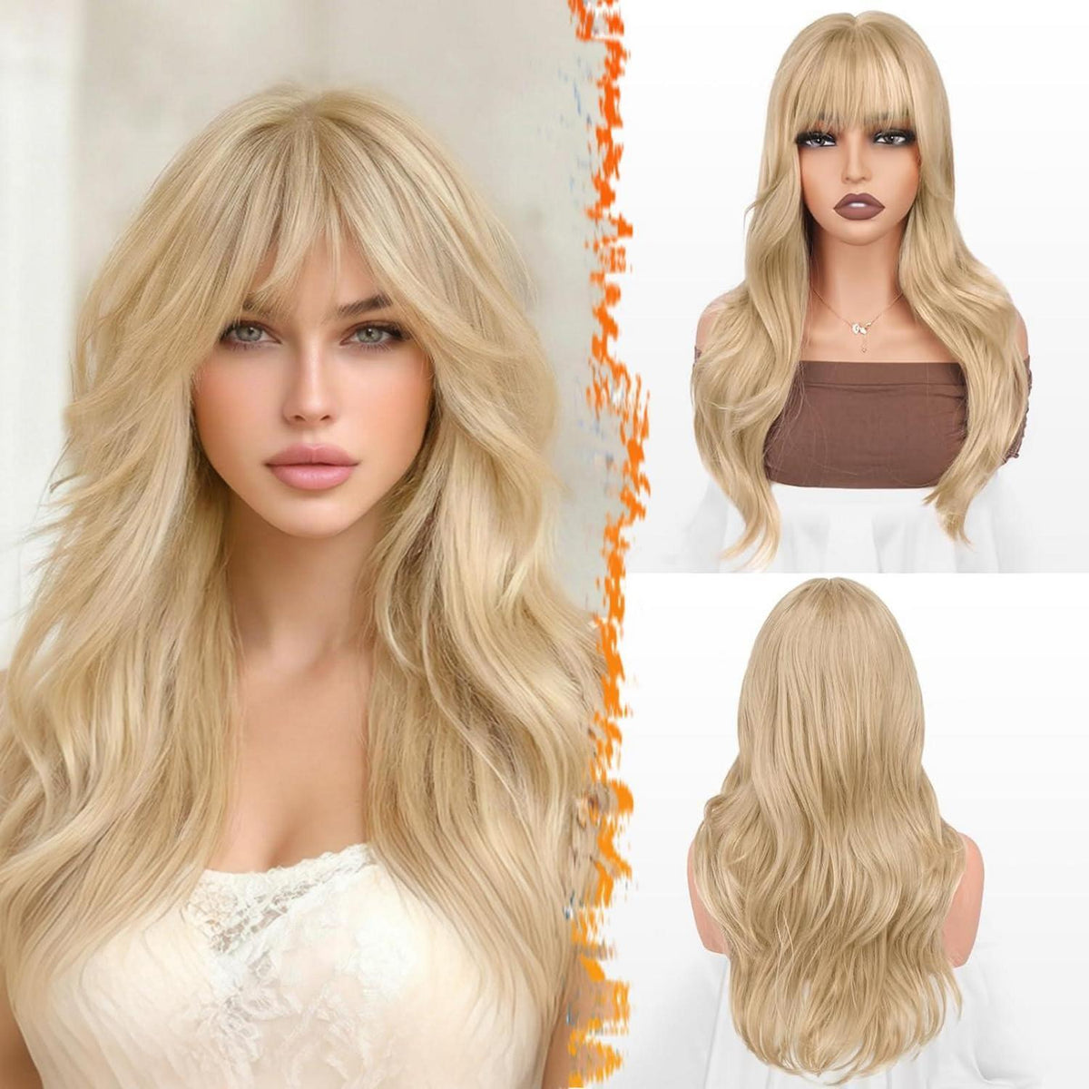 Beige Blond Perücke mit Pony, 50cm Wellige Synthetik Perücke