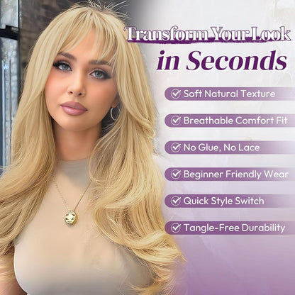 Beige Blond Perücke mit Pony, 50cm Wellige Synthetik Perücke