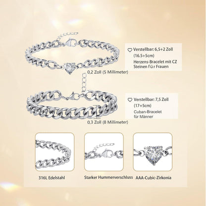 Edelstahl Partnerarmbänder für Paare | Verstellbare Kubanische Kette | Valentinstags Geschenk