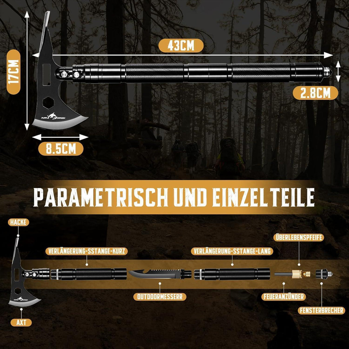 9-in-1 Survival Axt mit Hacke, Camping Multitool, Outdoor Beil