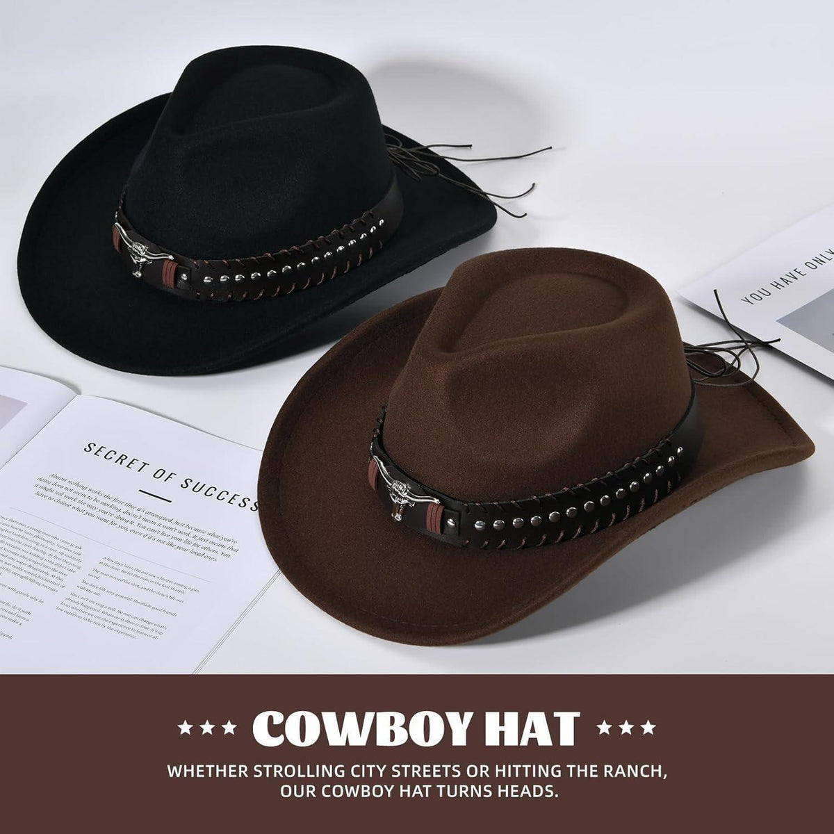 Cowboyhut mit breiter Krempe und Band in Lederoptik