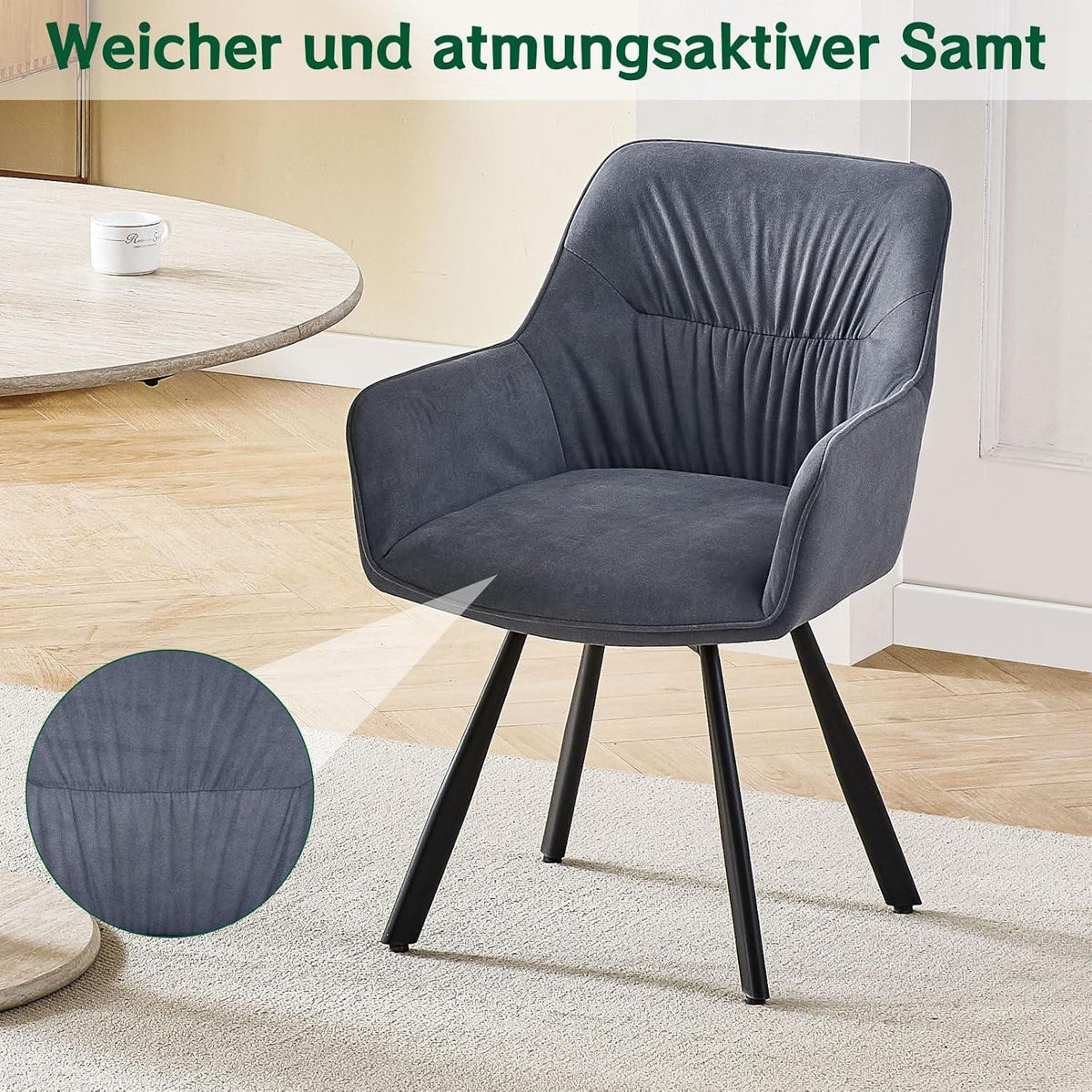 Drehbarer Esszimmerstuhl Set 6 - Grau, Samt & Armlehnen