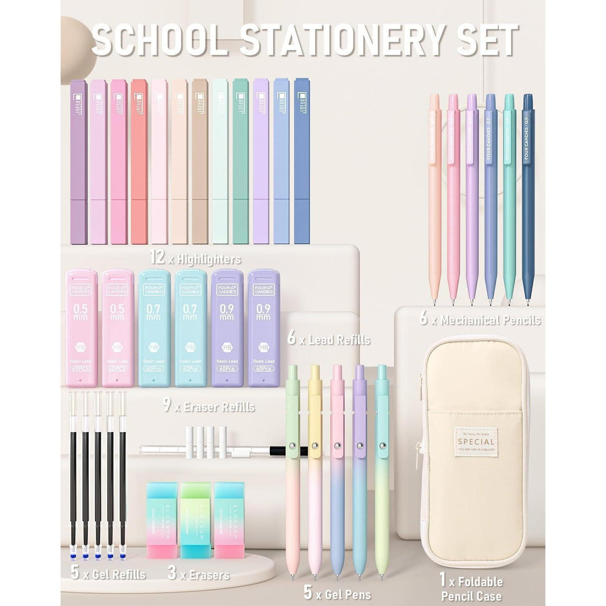 Schreibwaren-Set Mädchen: 39 Teile mit Mäppchen, Pastell-Textmarker & Gelstifte
