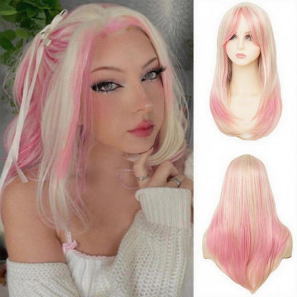 Rosa Blonde Lange Gerade Perücke mit Pony – Synthetisch & Cosplay