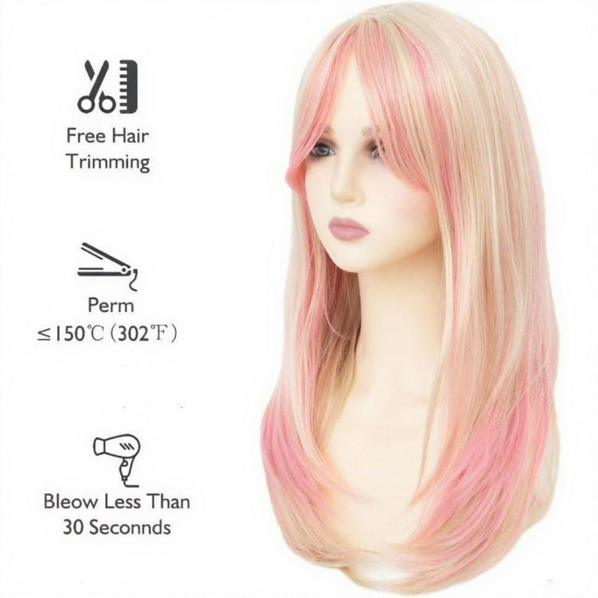 Rosa Blonde Lange Gerade Perücke mit Pony – Synthetisch & Cosplay