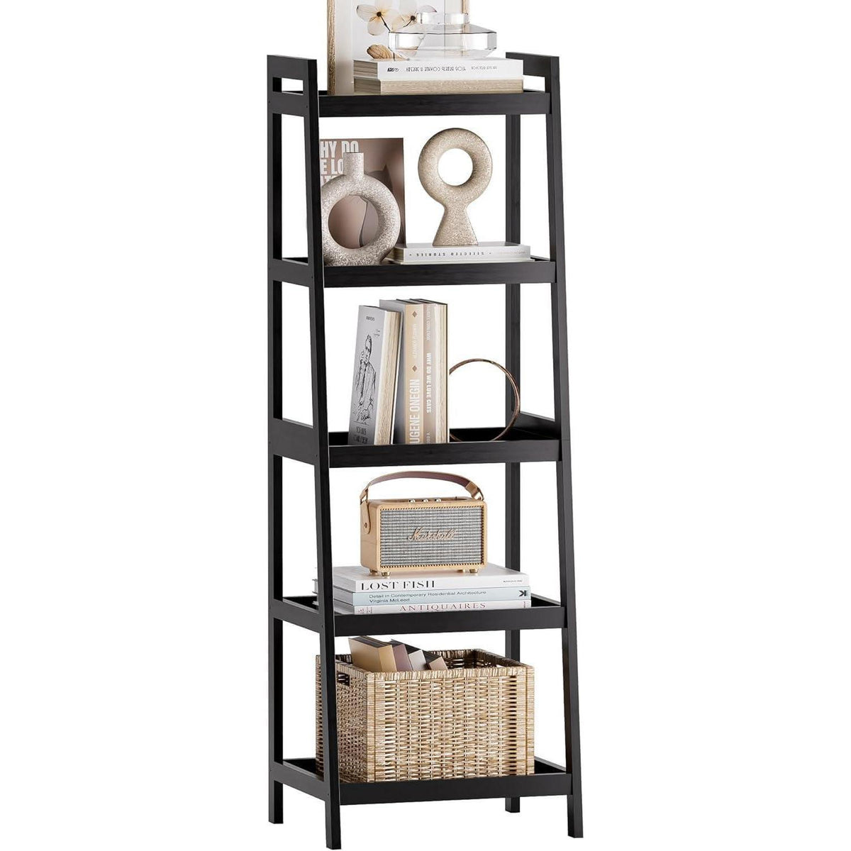 Bambusleiter-Bücherregal 5 Ablagen 127cm Schwarz