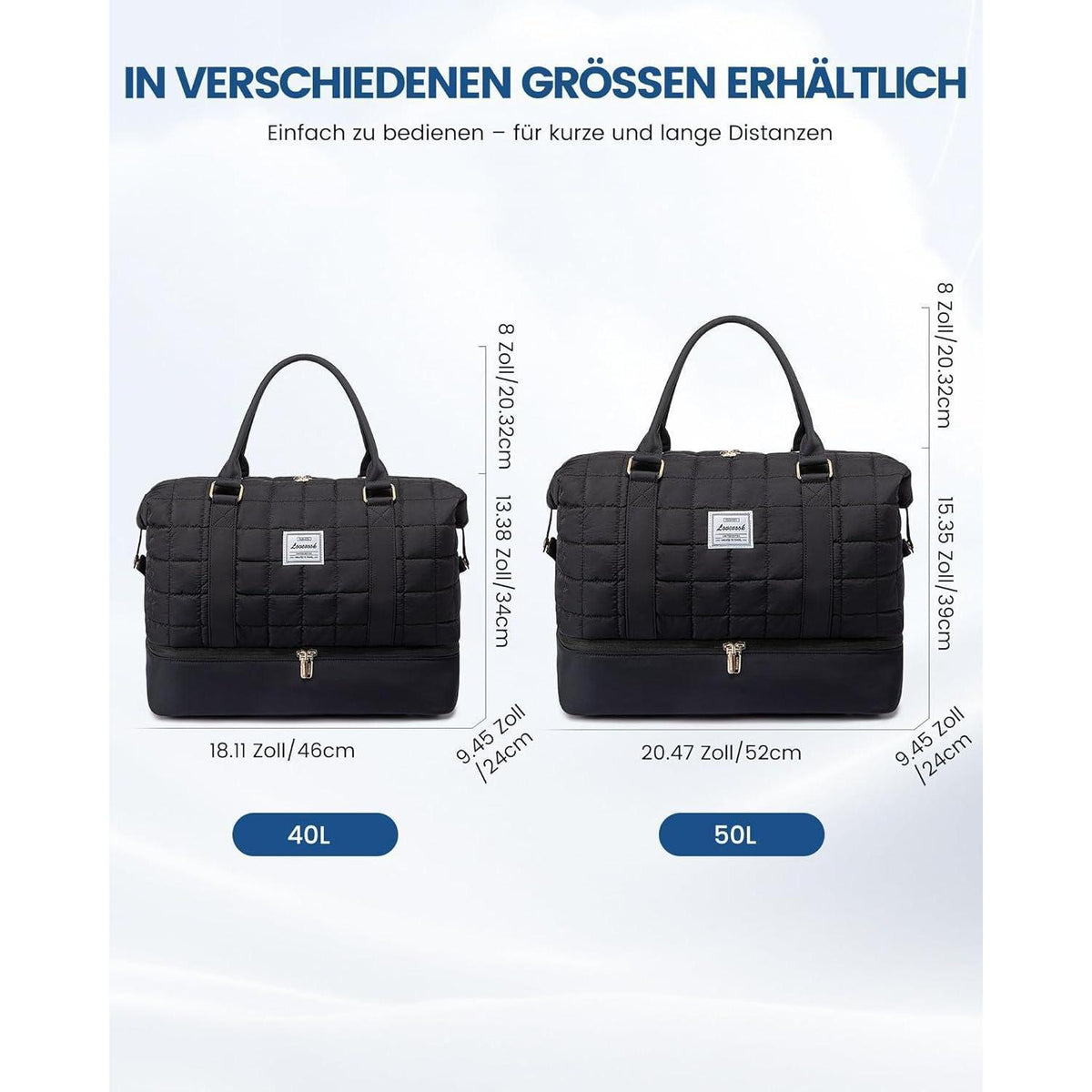 Große Reisetasche mit Schuhfach und Nassfach, Schwarz