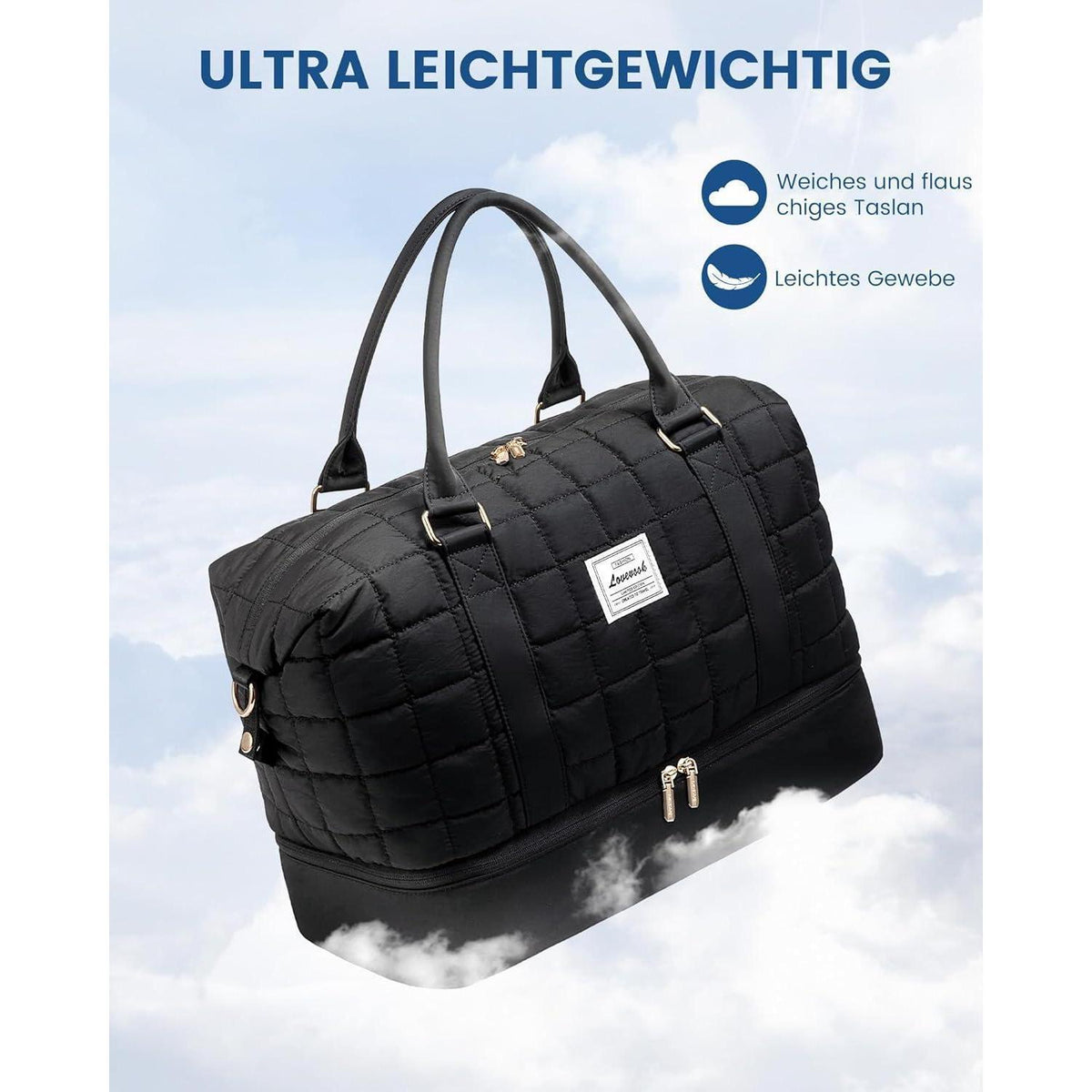 Große Reisetasche mit Schuhfach und Nassfach, Schwarz