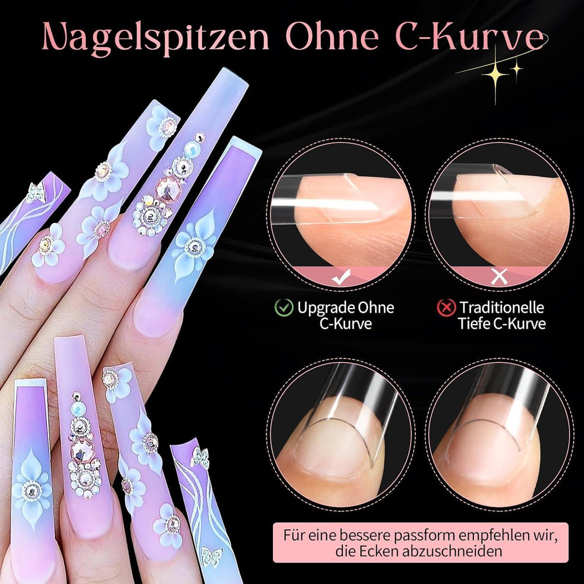 240 XXL Nageltips – Lange Acryl Nägel, Klar & Coffin Stil