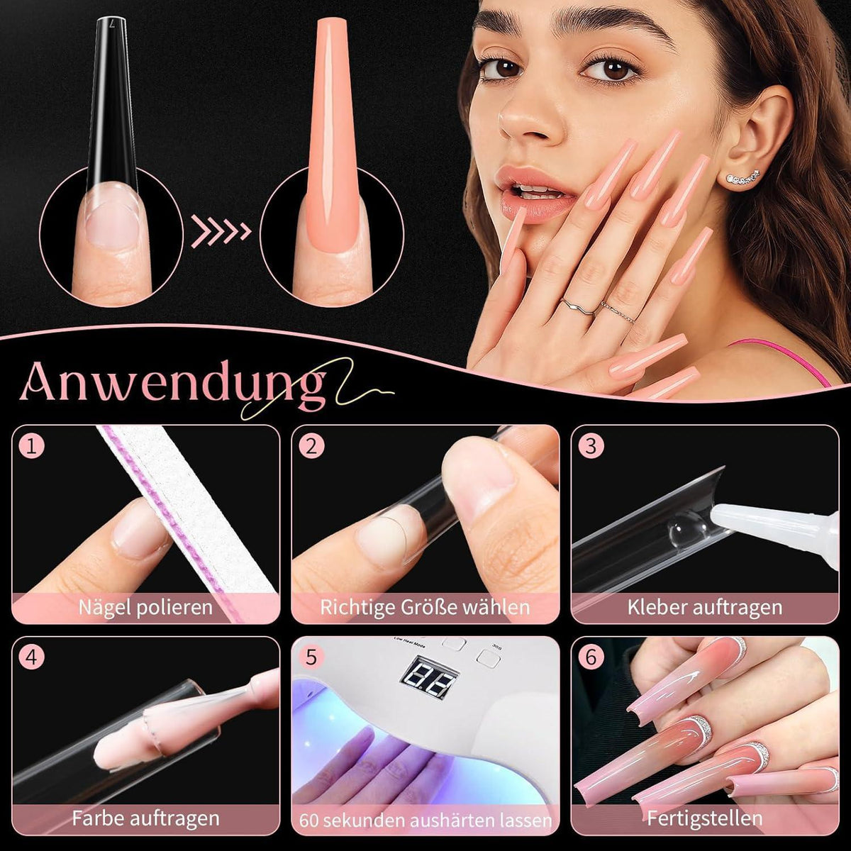 240 XXL Nageltips – Lange Acryl Nägel, Klar & Coffin Stil