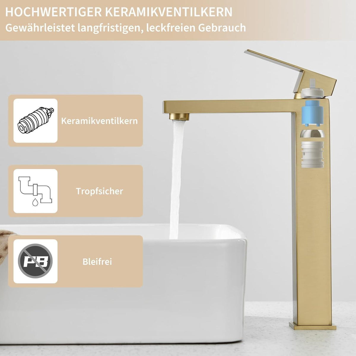 Waschtischarmatur Bad Gold Hoch - Edelstahl Mischbatterie
