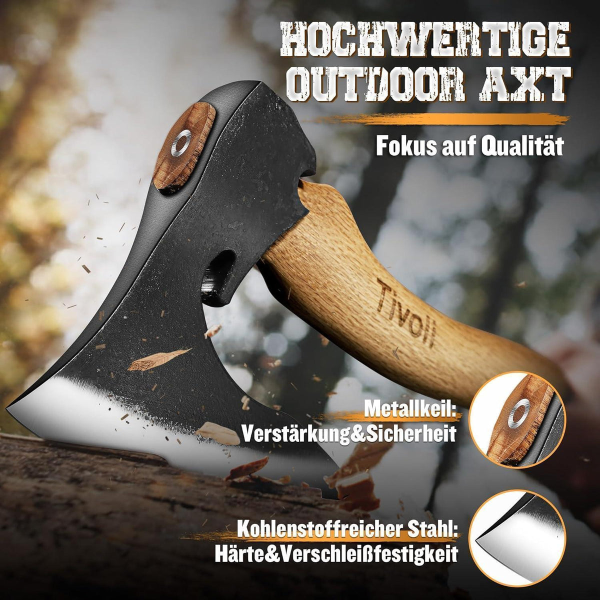 Survival Axt Camping Axt 42cm Kohlenstoffstahl Walnussholzgriff