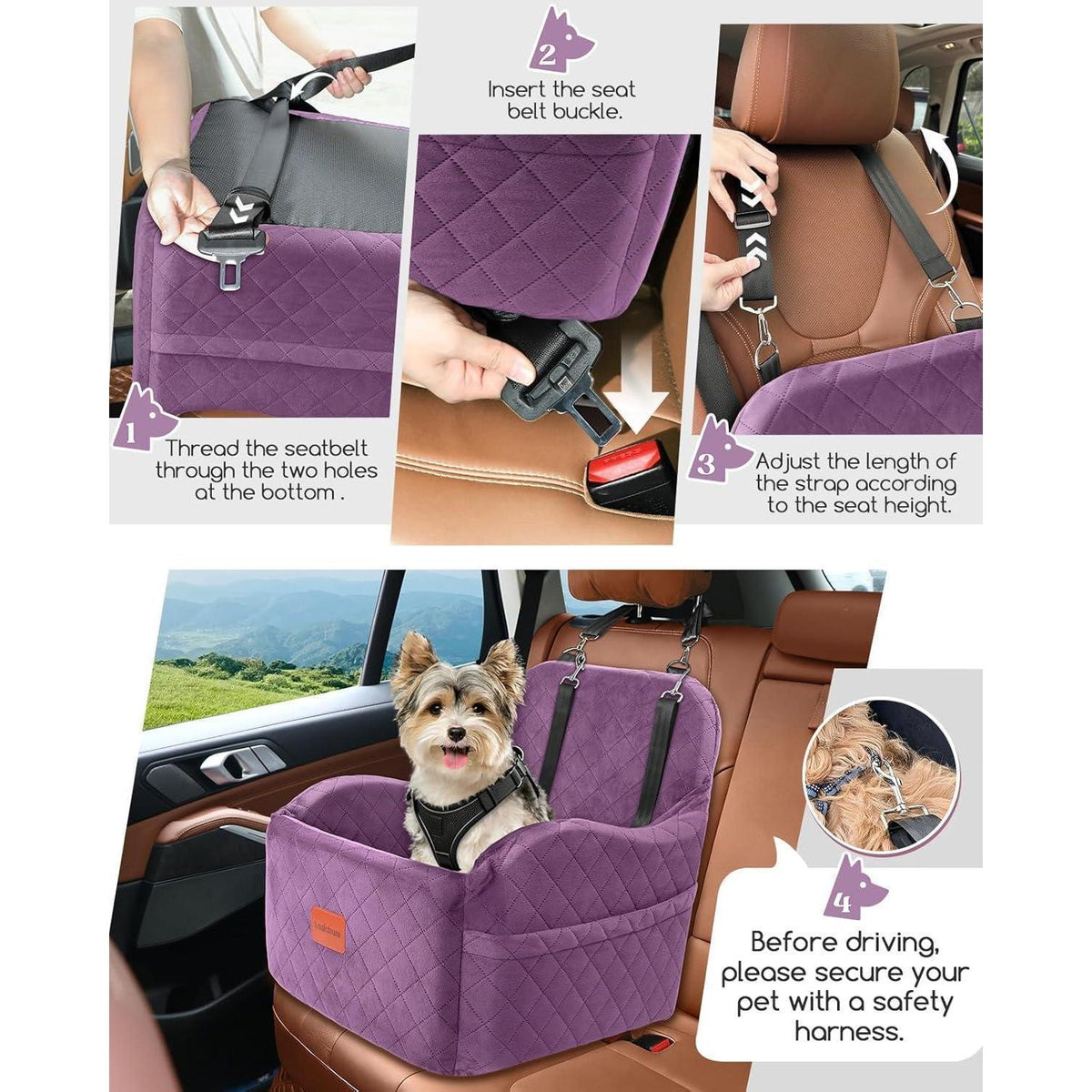 Hunde-Autositz Purple Medium mit Leinen