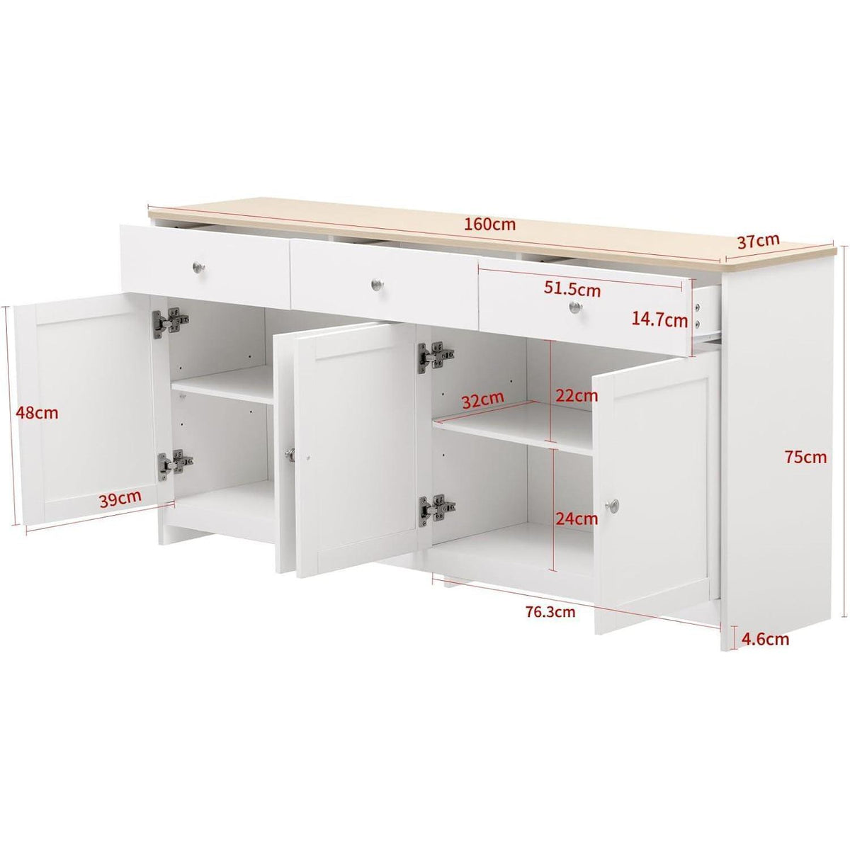 Weißes Sideboard mit 3 Schubladen & 4 Türen – 160cm