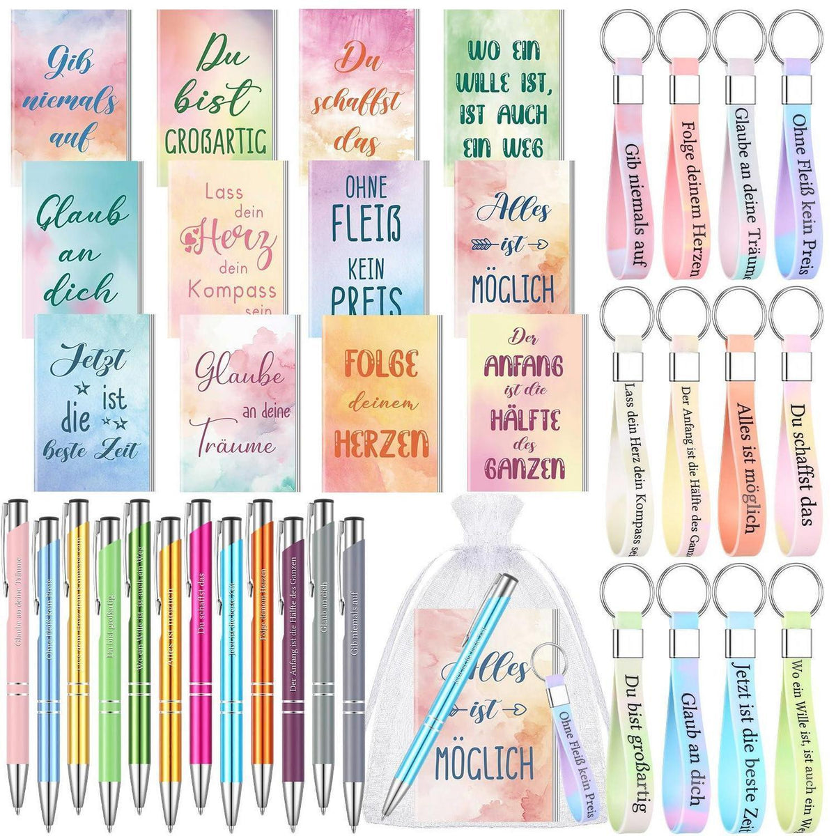 Inspirierendes Geschenkset mit Notizblöcken, Stiften & Schlüsselanhängern