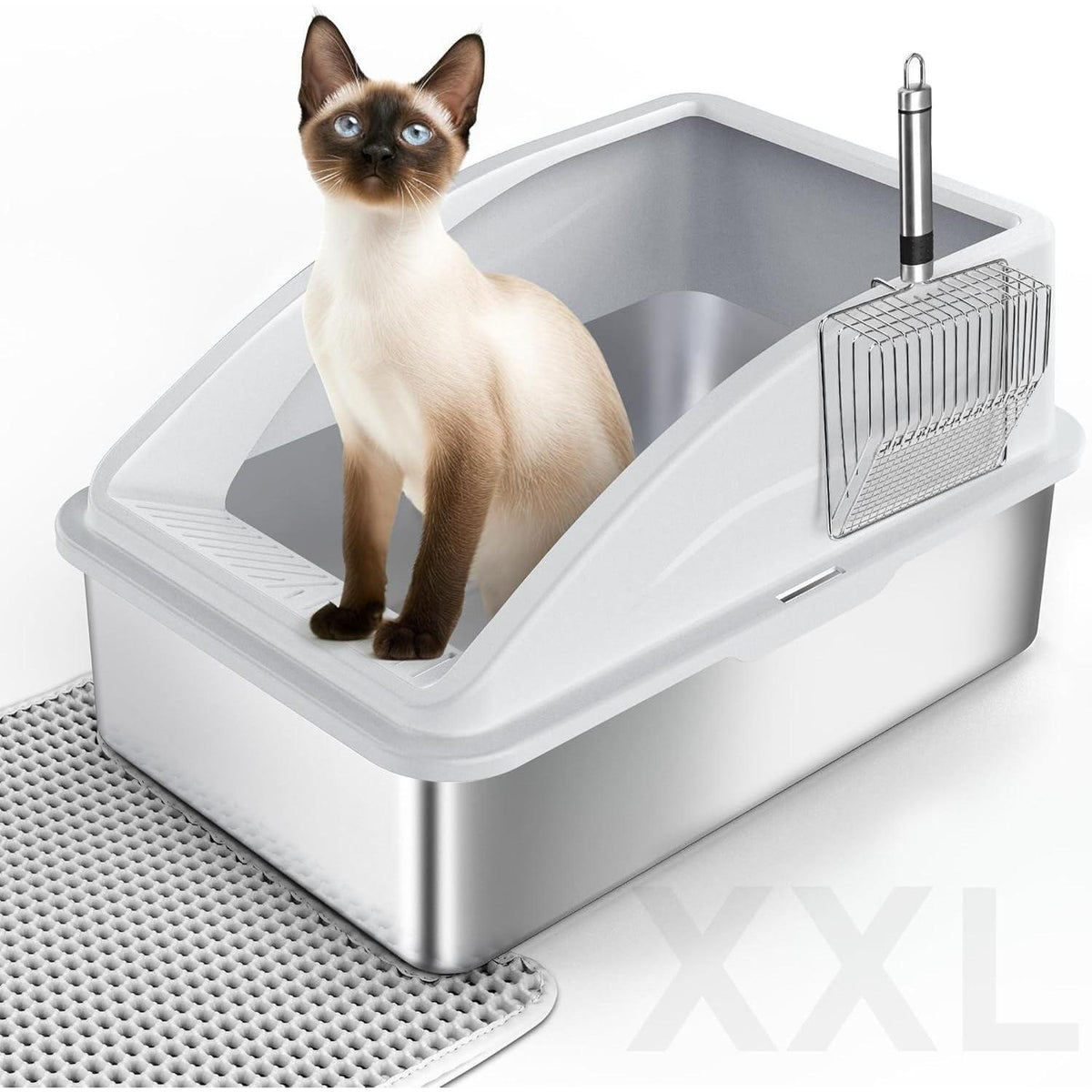 XXL Edelstahl Katzentoilette mit Streu-Recycling, Silbergrau
