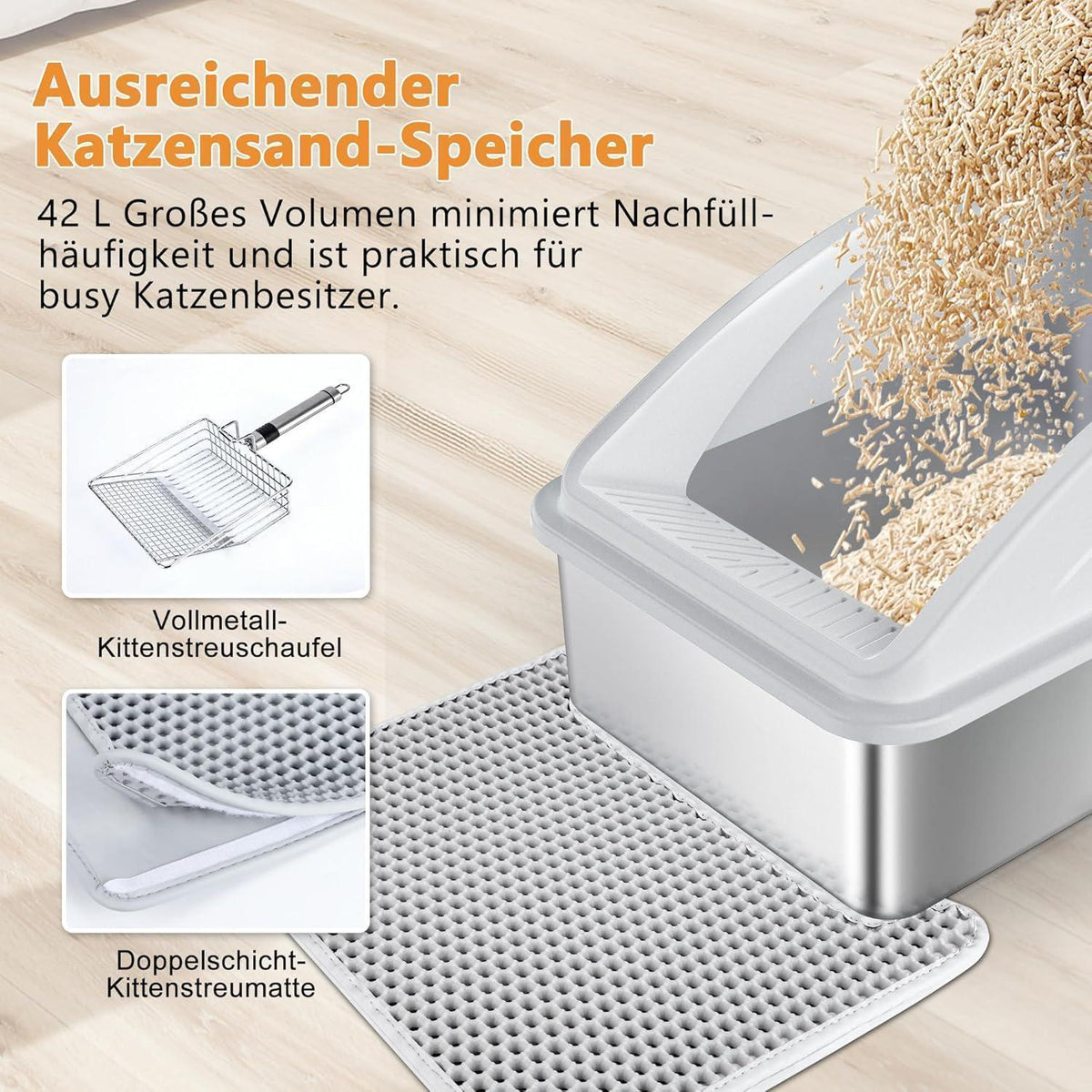 XXL Edelstahl Katzentoilette mit Streu-Recycling, Silbergrau