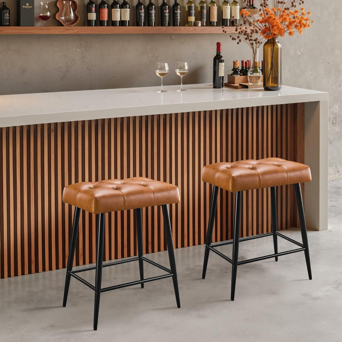 Barhocker 2er Set mit Fußstütze – Braun, Retro Stil