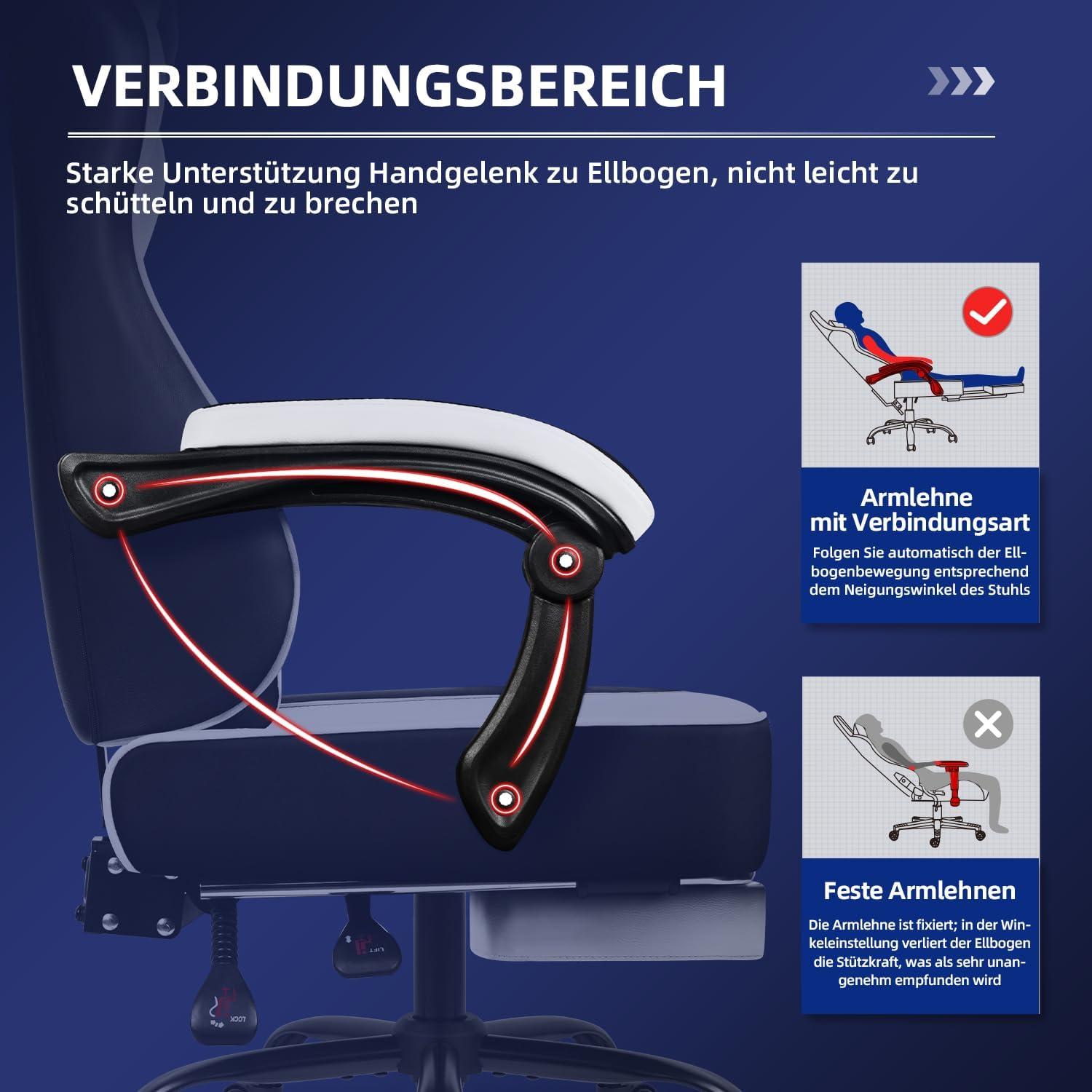 Gaming Stuhl Weiß mit Teleskopische Fußstütze Rückenstütze 150 kg
