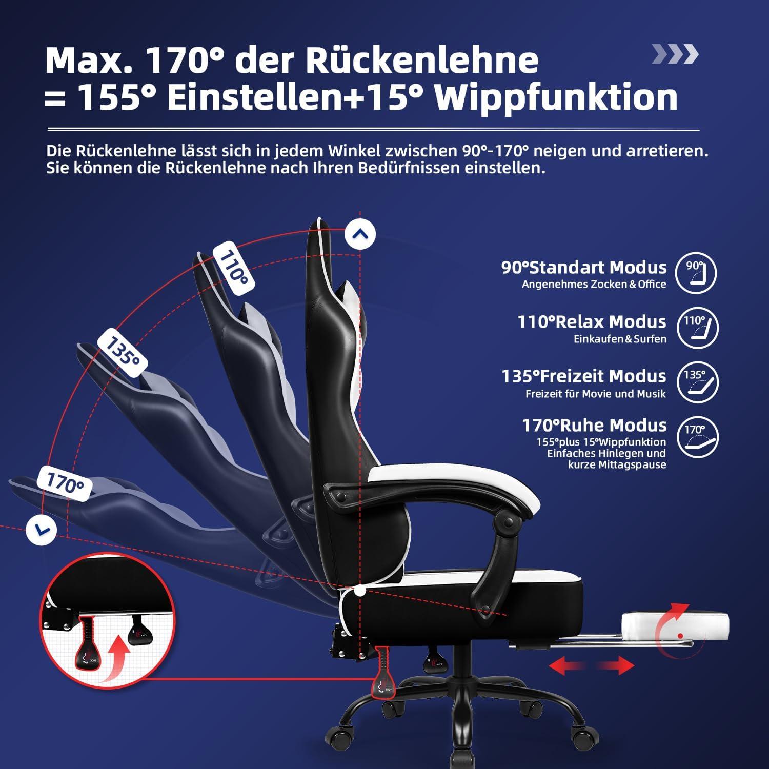 Ergonomischer Gaming Stuhl mit Teleskop-Fußstütze, Kopfstütze, Lendenstütze, 150