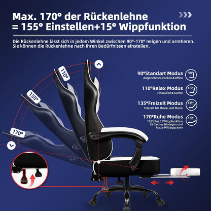 Ergonomischer Gaming Stuhl mit Teleskop-Fußstütze, Kopfstütze, Lendenstütze, 150