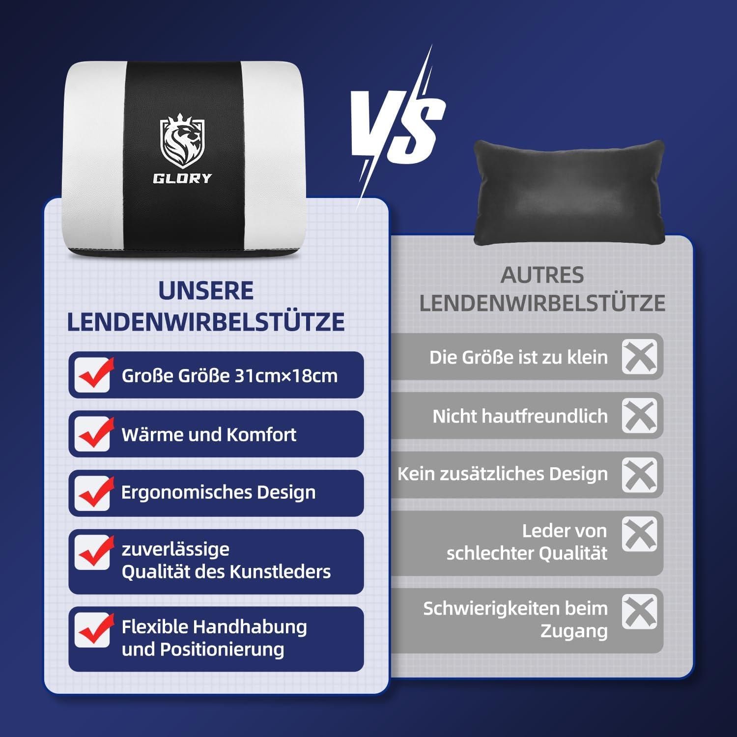 Ergonomischer Gaming Stuhl mit Teleskop-Fußstütze, Kopfstütze, Lendenstütze, 150