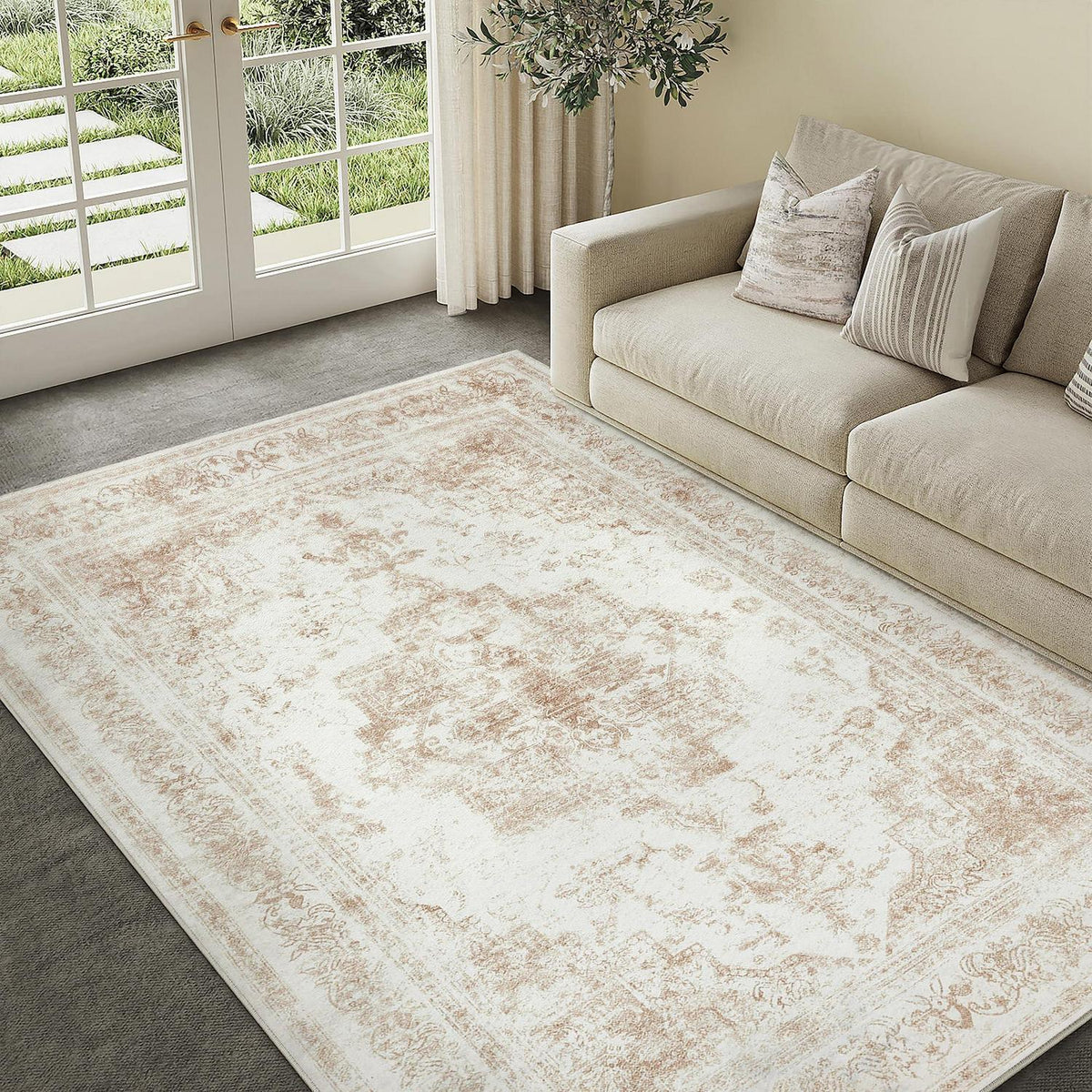 Vintage Creme Teppich 150x210cm Waschbar & Rutschfest