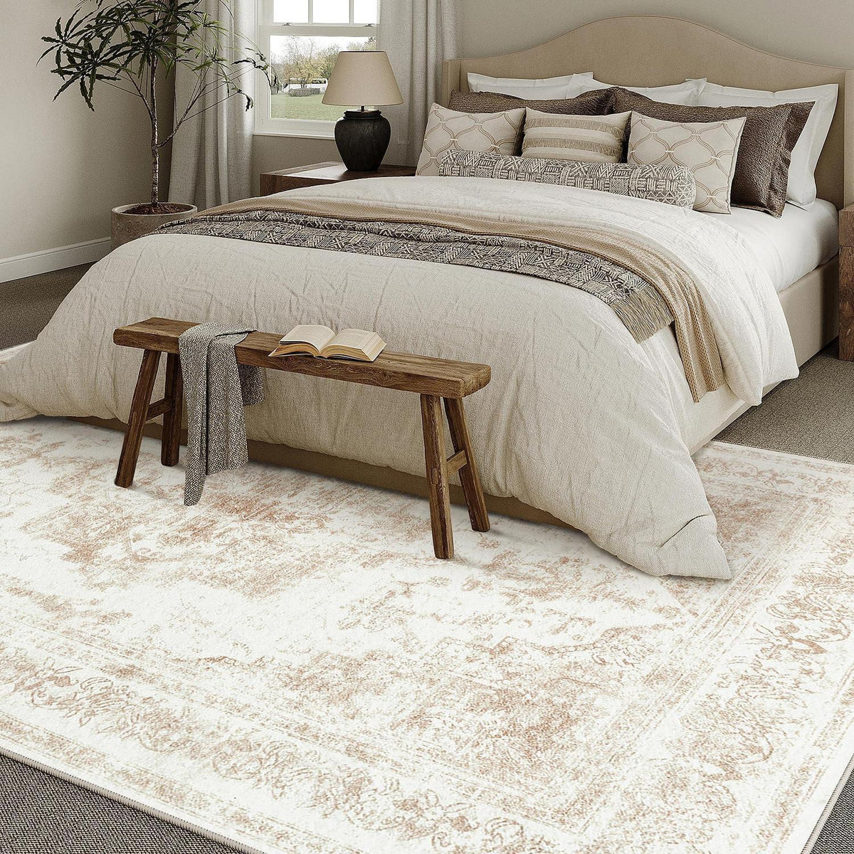 Vintage Creme Teppich 150x210cm Waschbar & Rutschfest