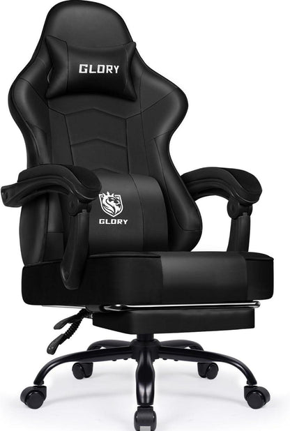Ergonomischer Gaming Stuhl Schwarz Fußstütze Kopfstütze
