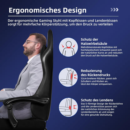 Ergonomischer Gaming Stuhl Schwarz Fußstütze Kopfstütze