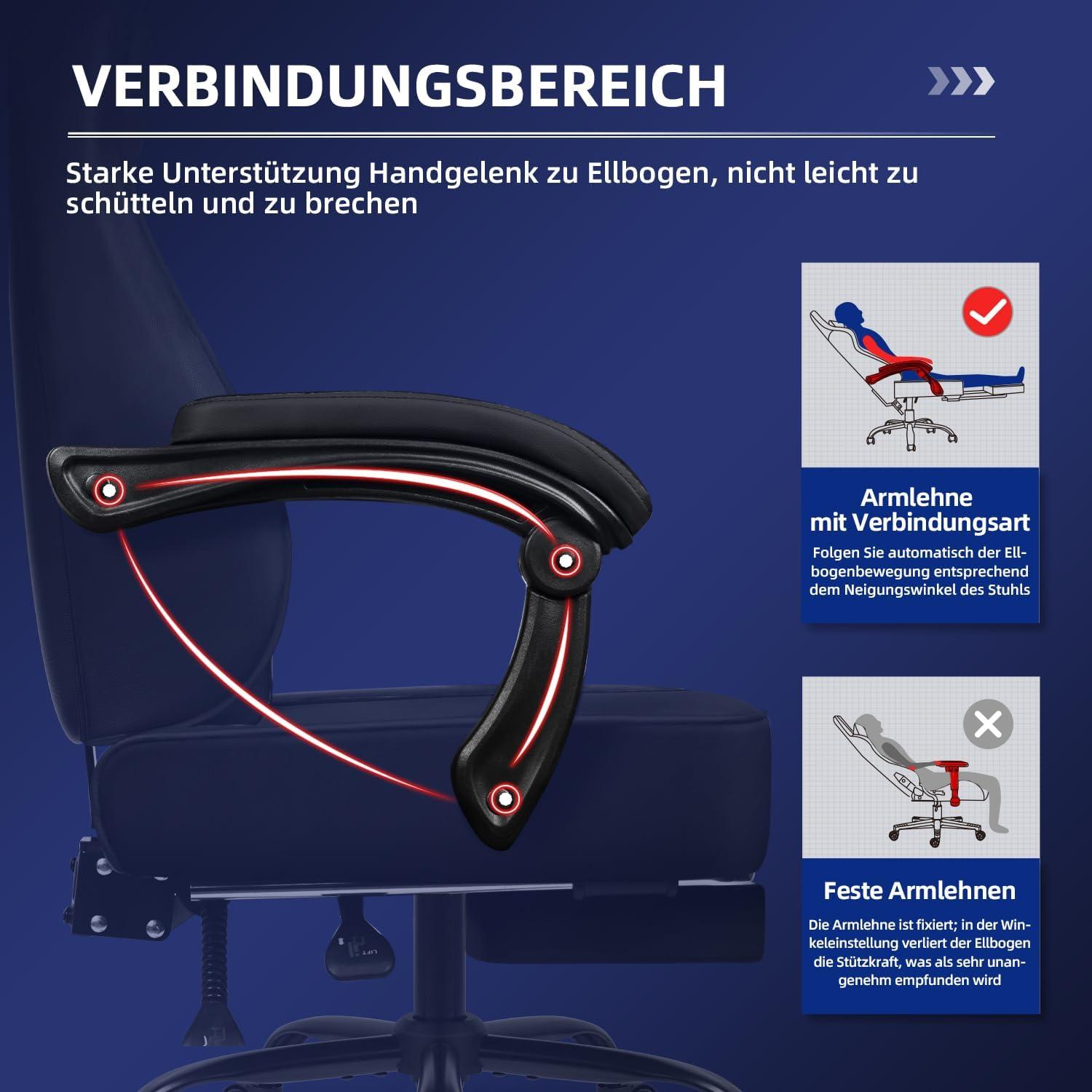 Gaming Stuhl Bürostuhl Ergonomisch mit Fußstütze Kopfstütze Lendenwirbelstütze 150kg höhenverstellbar schwarz