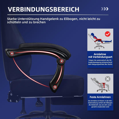 Gaming Stuhl Bürostuhl Ergonomisch mit Fußstütze Kopfstütze Lendenwirbelstütze 150kg höhenverstellbar schwarz