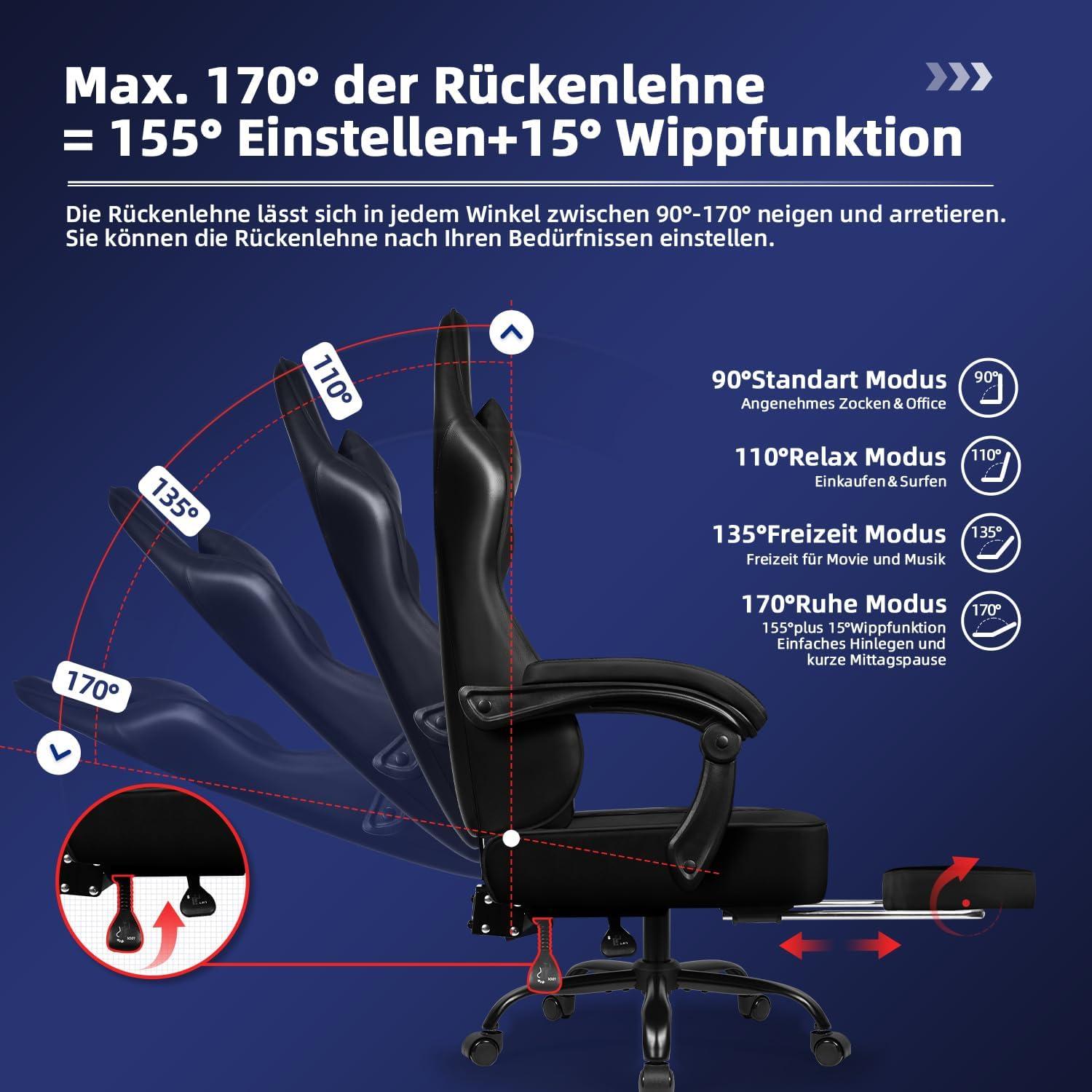 Gaming Stuhl Bürostuhl Ergonomisch Schwarz Teleskopische Fußstütze Kopfstütze